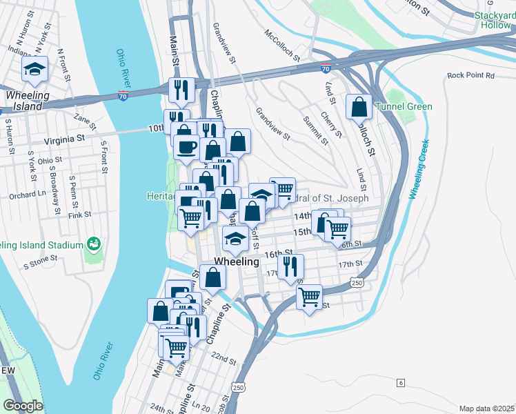 map of restaurants, bars, coffee shops, grocery stores, and more near 1300 Eoff Street in Wheeling