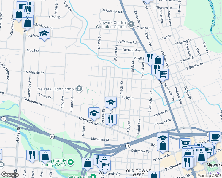 map of restaurants, bars, coffee shops, grocery stores, and more near 345 Woods Ave in Newark