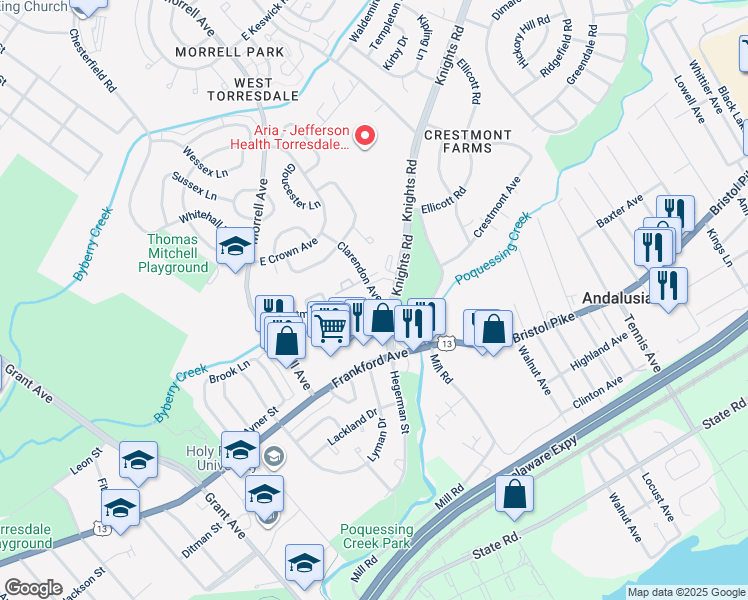 map of restaurants, bars, coffee shops, grocery stores, and more near Clarendon Road in Upper Darby