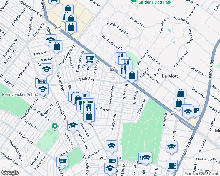 map of restaurants, bars, coffee shops, grocery stores, and more near 1958 Penfield Street in Philadelphia
