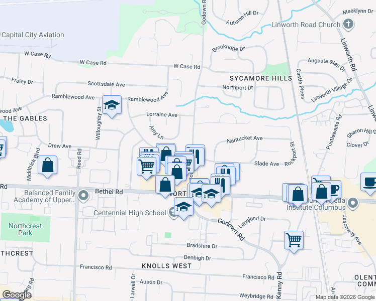 map of restaurants, bars, coffee shops, grocery stores, and more near 5430 Godown Road in Columbus