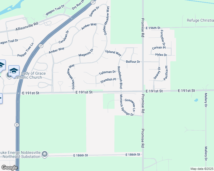 map of restaurants, bars, coffee shops, grocery stores, and more near 19140 Pierson Court in Noblesville