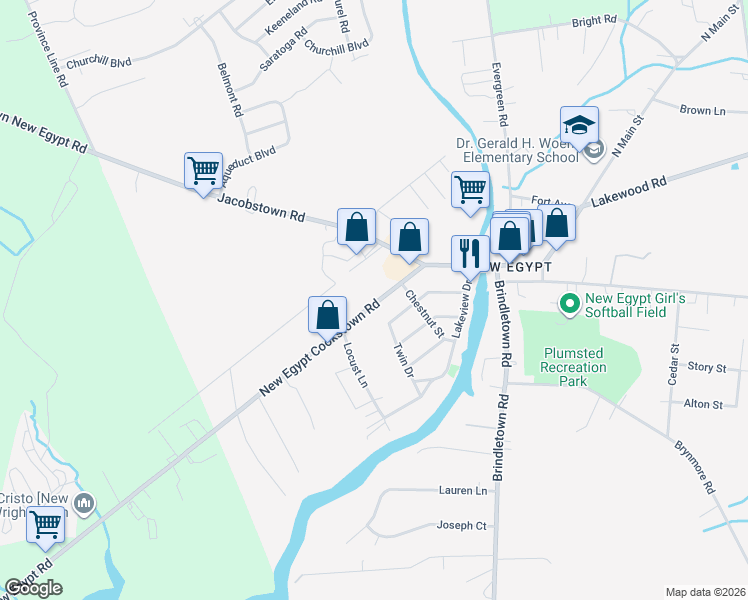 map of restaurants, bars, coffee shops, grocery stores, and more near 25 New Egypt Cookstown Road in Plumsted