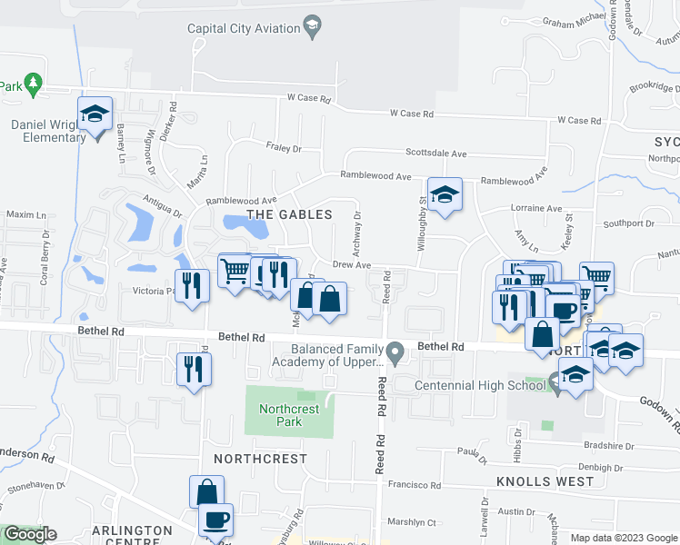 map of restaurants, bars, coffee shops, grocery stores, and more near 1883 Drew Avenue in Columbus
