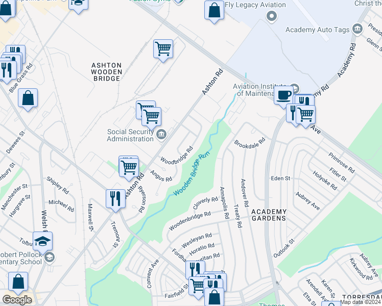 map of restaurants, bars, coffee shops, grocery stores, and more near 9439 Woodbridge Road in Philadelphia