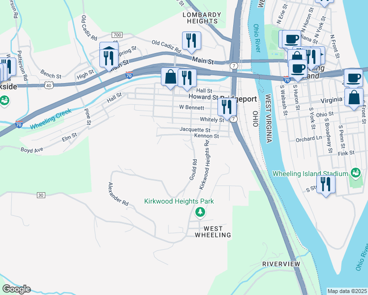 map of restaurants, bars, coffee shops, grocery stores, and more near 1 Gould Park Road in Bridgeport