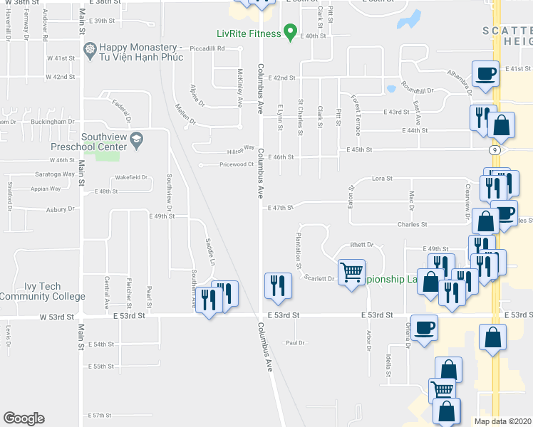 map of restaurants, bars, coffee shops, grocery stores, and more near 4808 Columbus Avenue in Anderson