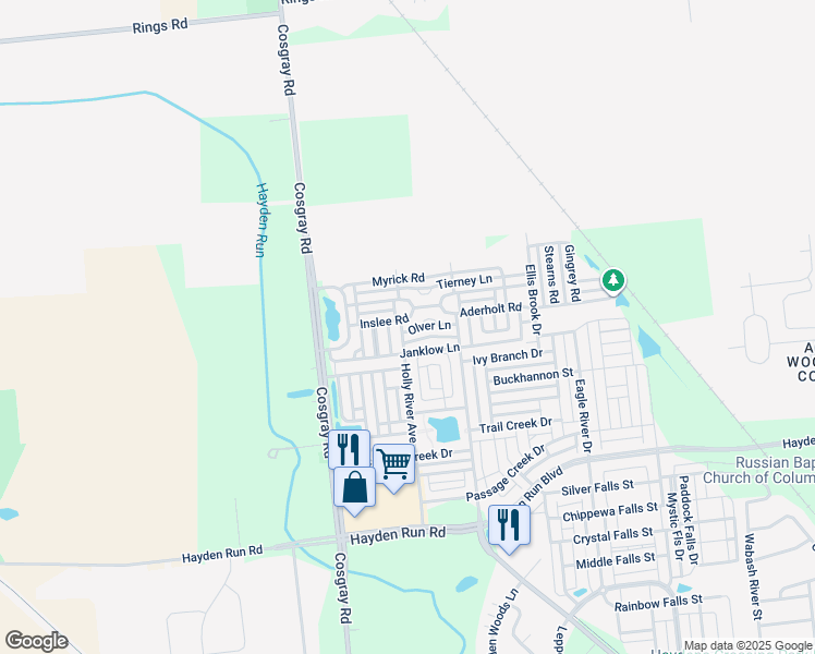 map of restaurants, bars, coffee shops, grocery stores, and more near 5993 Inslee Road in Dublin
