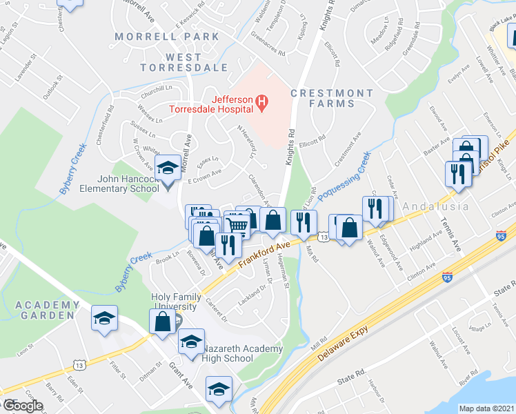 map of restaurants, bars, coffee shops, grocery stores, and more near 9984 Crestmont Avenue in Philadelphia