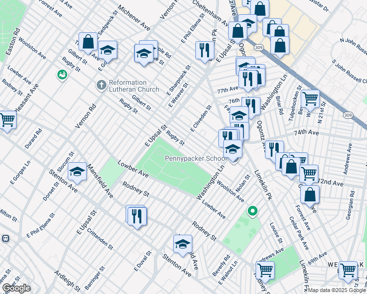 map of restaurants, bars, coffee shops, grocery stores, and more near 7550 Rugby Street in Philadelphia