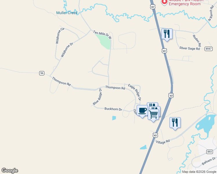 map of restaurants, bars, coffee shops, grocery stores, and more near Thompson Road in Granby