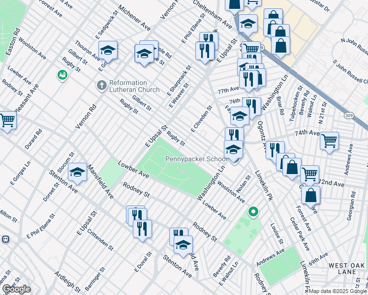 map of restaurants, bars, coffee shops, grocery stores, and more near 7550 Rugby Street in Philadelphia