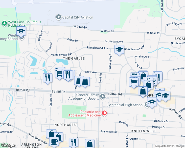 map of restaurants, bars, coffee shops, grocery stores, and more near 1883 Drew Avenue in Columbus
