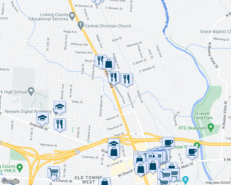 map of restaurants, bars, coffee shops, grocery stores, and more near 322 Mount Vernon Road in Newark