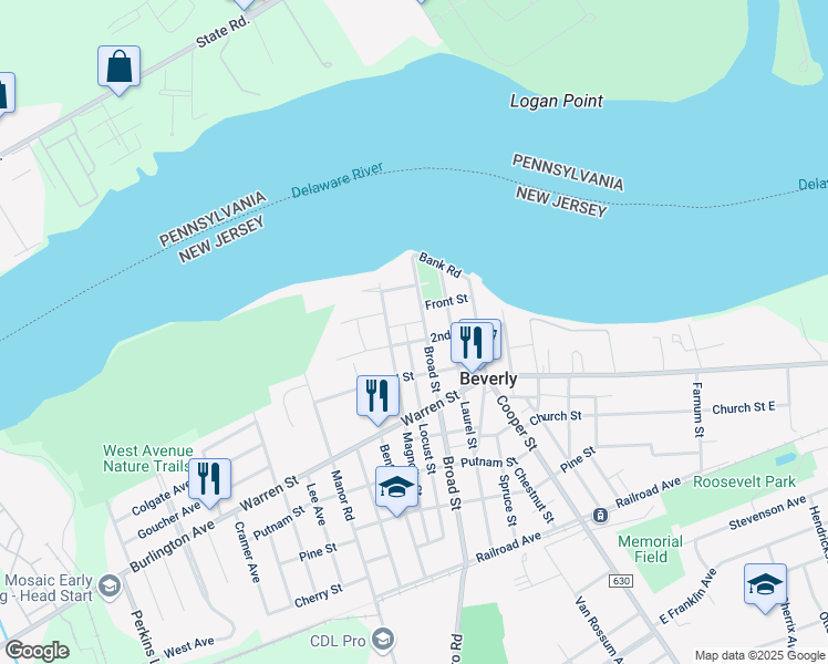 map of restaurants, bars, coffee shops, grocery stores, and more near 131 Broad Street in Beverly