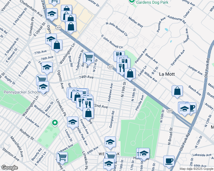 map of restaurants, bars, coffee shops, grocery stores, and more near 1968 Penfield Street in Philadelphia