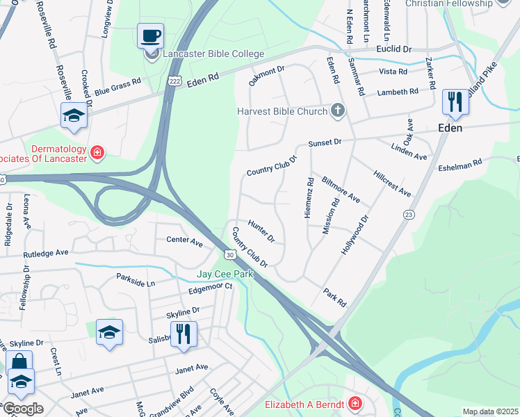 map of restaurants, bars, coffee shops, grocery stores, and more near 1330 Foxcroft Drive in Lancaster