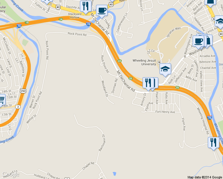 map of restaurants, bars, coffee shops, grocery stores, and more near 25 Dorman Rd in Wheeling