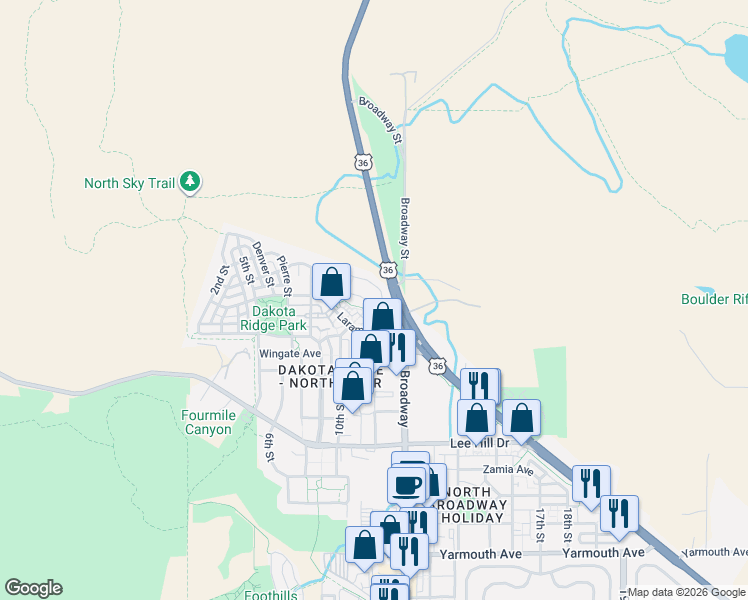 map of restaurants, bars, coffee shops, grocery stores, and more near 1095 North Terrace Circle in Boulder
