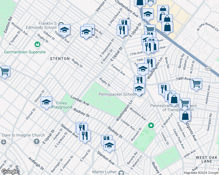 map of restaurants, bars, coffee shops, grocery stores, and more near 7552 Rugby Street in Philadelphia