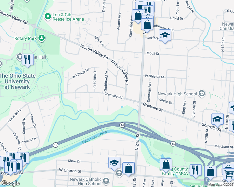 map of restaurants, bars, coffee shops, grocery stores, and more near 734 Granville Road in Newark