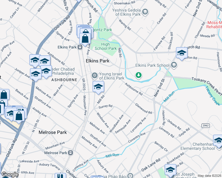 map of restaurants, bars, coffee shops, grocery stores, and more near 7719 Mill Road in Elkins Park