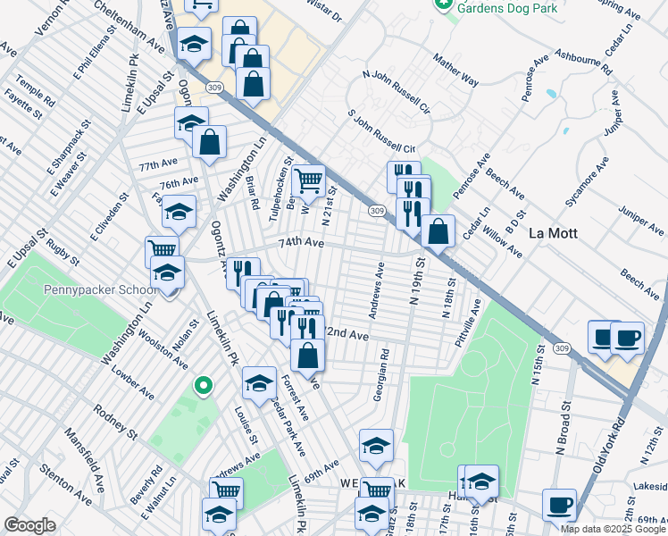 map of restaurants, bars, coffee shops, grocery stores, and more near 7328 North 20th Street in Philadelphia