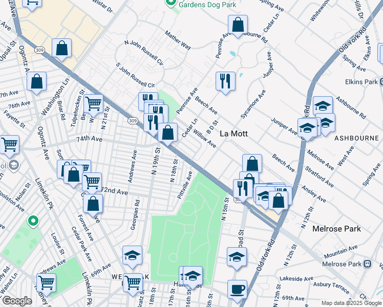 map of restaurants, bars, coffee shops, grocery stores, and more near 1704 Chelsea Road in La Mott