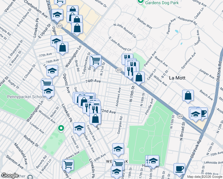 map of restaurants, bars, coffee shops, grocery stores, and more near 1983 Ashley Road in Philadelphia