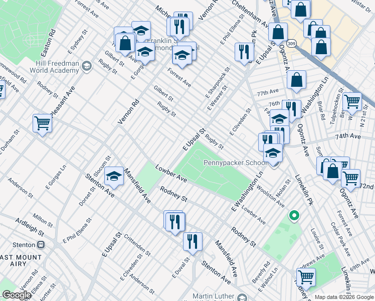 map of restaurants, bars, coffee shops, grocery stores, and more near 1168 East Upsal Street in Philadelphia