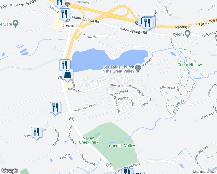 map of restaurants, bars, coffee shops, grocery stores, and more near 201 Quarry Point Road in Malvern