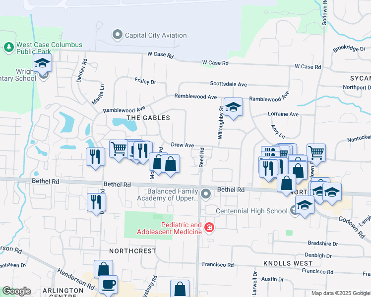 map of restaurants, bars, coffee shops, grocery stores, and more near 1883 Drew Avenue in Columbus
