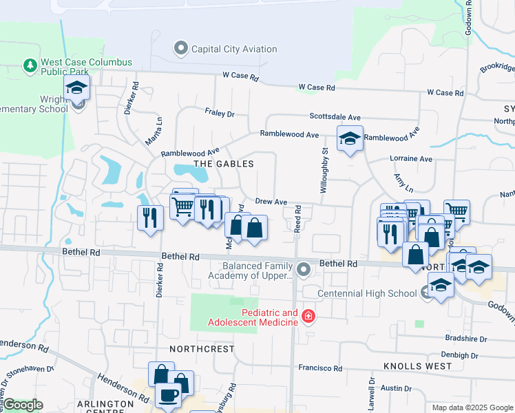 map of restaurants, bars, coffee shops, grocery stores, and more near 1883 Drew Avenue in Columbus
