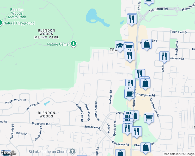 map of restaurants, bars, coffee shops, grocery stores, and more near 5596 Winsor Woods Drive in Columbus