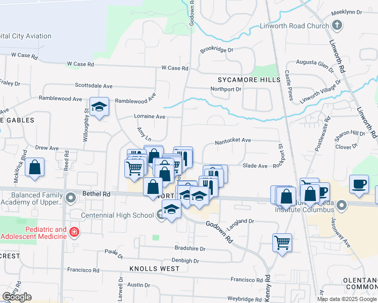 map of restaurants, bars, coffee shops, grocery stores, and more near 5430 Godown Road in Columbus