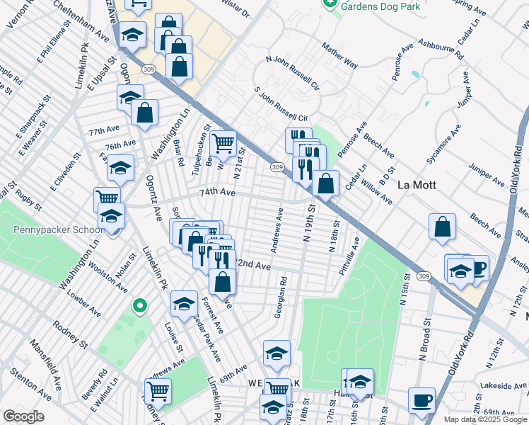 map of restaurants, bars, coffee shops, grocery stores, and more near 1976 Penfield Street in Philadelphia