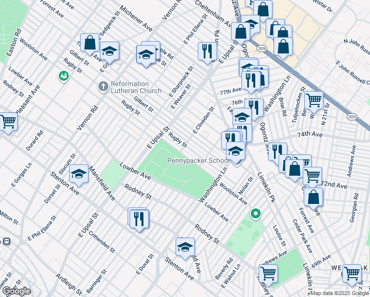 map of restaurants, bars, coffee shops, grocery stores, and more near 7552 Rugby Street in Philadelphia