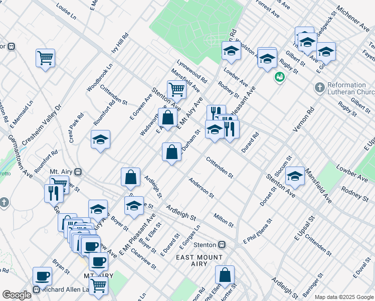 map of restaurants, bars, coffee shops, grocery stores, and more near 520 East Durham Street in Philadelphia