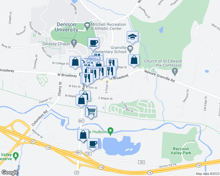 map of restaurants, bars, coffee shops, grocery stores, and more near 316 East Elm Street in Granville
