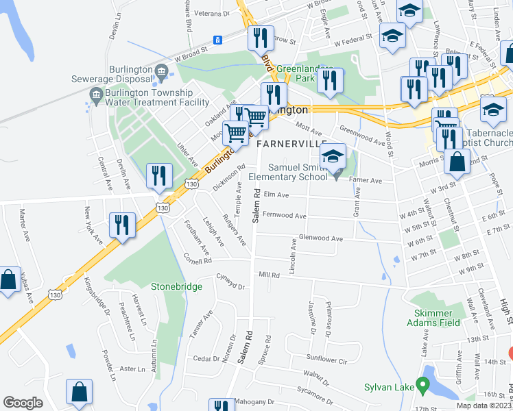 map of restaurants, bars, coffee shops, grocery stores, and more near Salem Road in Burlington