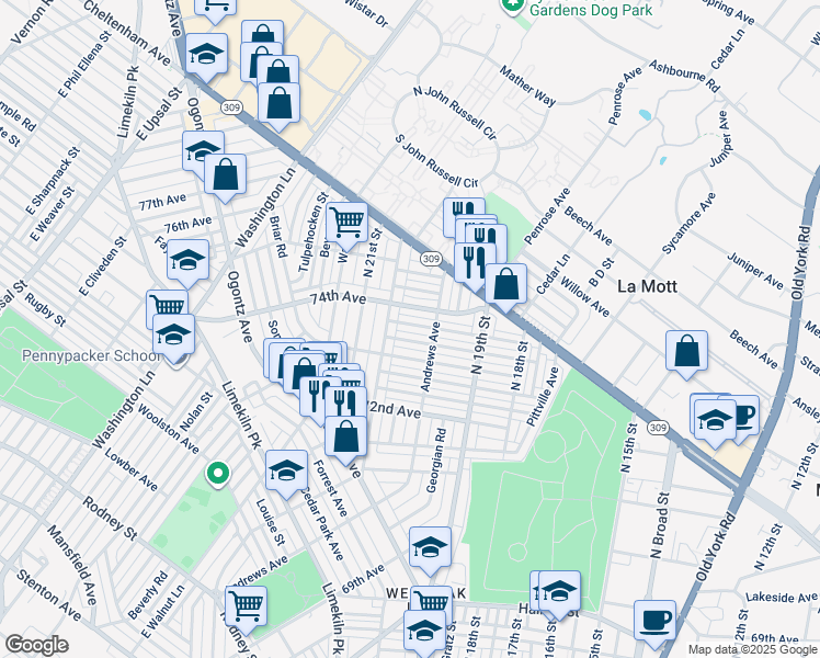 map of restaurants, bars, coffee shops, grocery stores, and more near 1976 Penfield Street in Philadelphia