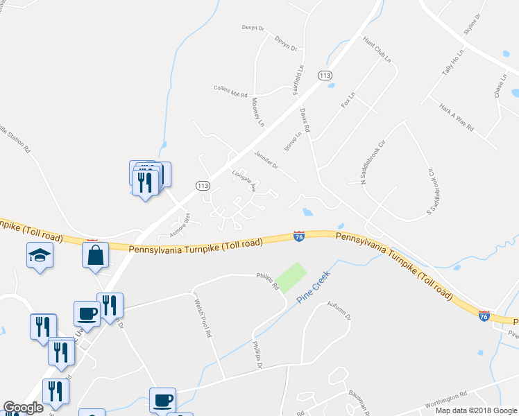map of restaurants, bars, coffee shops, grocery stores, and more near 3700 Davis Court in Chester Springs