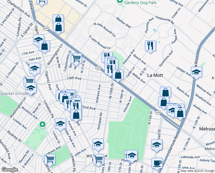 map of restaurants, bars, coffee shops, grocery stores, and more near 1909 Penfield Street in Philadelphia