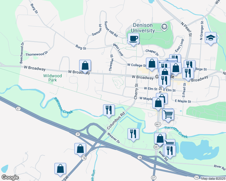 map of restaurants, bars, coffee shops, grocery stores, and more near 438 West Maple Street in Granville