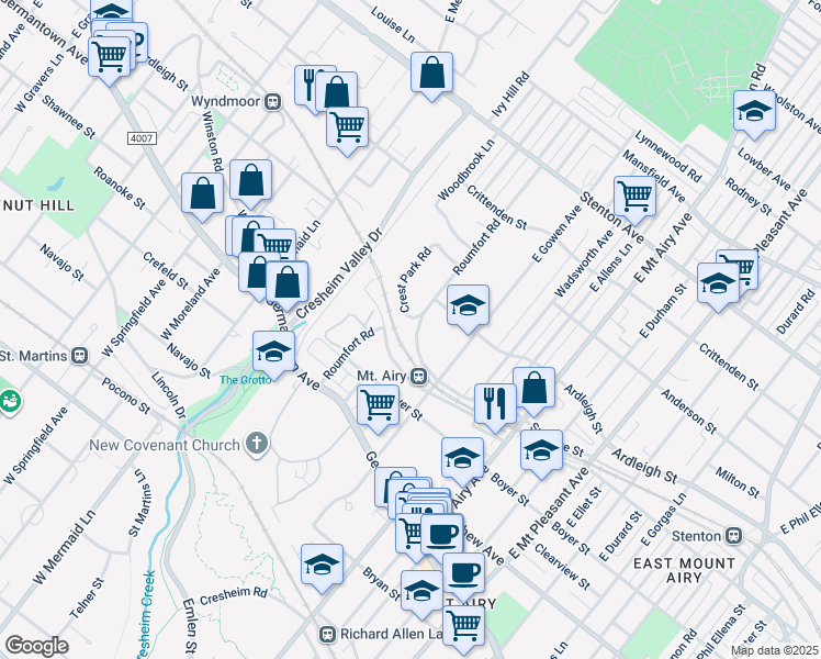 map of restaurants, bars, coffee shops, grocery stores, and more near 7432 Sprague Street in Philadelphia