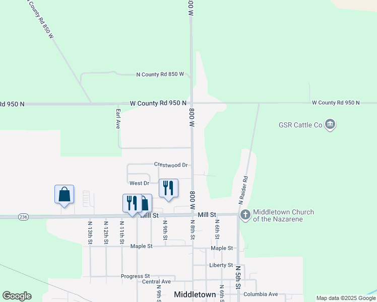 map of restaurants, bars, coffee shops, grocery stores, and more near 9287 North County Road 800 West in Middletown