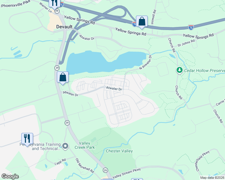 map of restaurants, bars, coffee shops, grocery stores, and more near 203 Patriots Path in Malvern