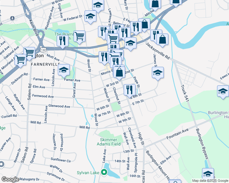 map of restaurants, bars, coffee shops, grocery stores, and more near 30 West 4th Street in Burlington