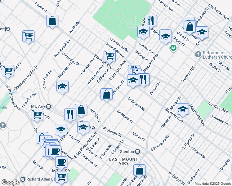 map of restaurants, bars, coffee shops, grocery stores, and more near 520 East Durham Street in Philadelphia