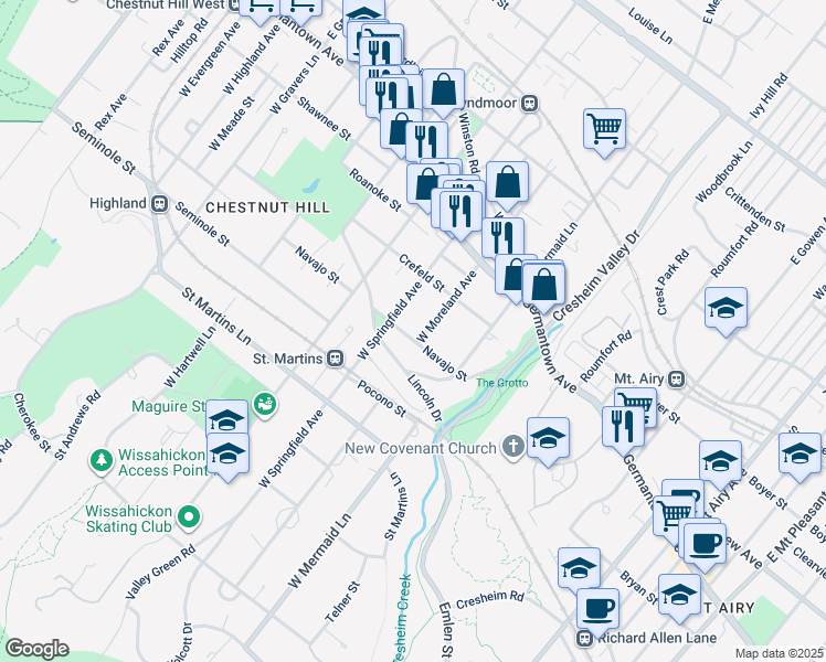 map of restaurants, bars, coffee shops, grocery stores, and more near 115 West Moreland Avenue in Philadelphia